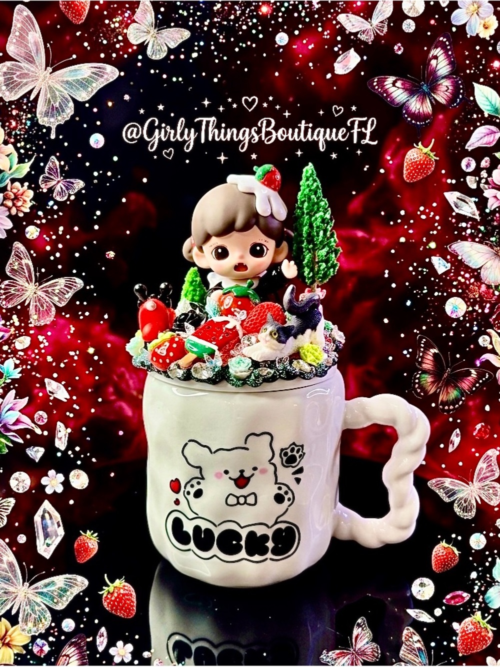 Lucky Bear Decorative Mug with Kawaii Dessert Topper